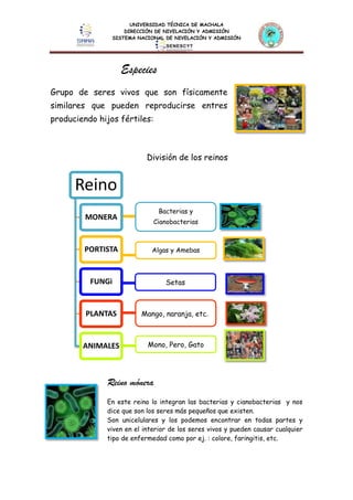 UNIVERSIDAD TÉCNICA DE MACHALA
DIRECCIÓN DE NIVELACIÓN Y ADMISIÓN
SISTEMA NACIONAL DE NIVELACIÓN Y ADMISIÓN
Especies
Grupo de seres vivos que son físicamente
similares que pueden reproducirse entres
produciendo hijos fértiles:
División de los reinos
Reino mónera
En este reino lo integran las bacterias y cianobacterias y nos
dice que son los seres más pequeños que existen.
Son unicelulares y los podemos encontrar en todas partes y
viven en el interior de los seres vivos y pueden causar cualquier
tipo de enfermedad como por ej. : colore, faringitis, etc.
Reino
MONERA
PORTISTA
FUNGi
PLANTAS
ANIMALES
Bacterias y
Cianobacterias
Algas y Amebas
Setas
Mango, naranja, etc.
Mono, Pero, Gato
 