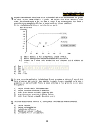 30. El gráfico muestra los resultados de un experimento en el que se alimentan dos grupos
ME de ratas con una dieta diferente. El grupo 1 se alimenta con leche y el grupo 2 con
    maíz. Aproximadamente a los 40 días el grupo 2 es suplementado con lisina y
    posteriormente, pasado los 60 días, se suplementó con lisina y triptófano.
    De los resultados del gráfico, es correcto afirmar que la
           Peso de las ratas
           (gramos)
                 200
                 180                                            Grupo 1

                 160
                                                                    Grupo 2
                 140
                 120                                                A: lisina
                                      A        B
                 100
                                                                B: lisina y triptofano
                 80
                 60


                       0    20   40       60       80   100   120               Días

            I)     adición de lisina al maíz compensa su calidad nutritiva.
           II)     adición de triptófano mejora la calidad nutritiva del maíz.
          III)     proteína de la leche como alimento es más completo que la proteína del
                   maíz.

    A)   Solo   I.
    B)   Solo   II.
    C)   Solo   III.
    D)   Solo   I y II.
    E)   Solo   II y III.


31. En una encuesta realizada a trabajadores de una empresa se determinó que el 60%
MC tenía problemas para dormir, bajo apetito, músculos tensos, sequedad en la boca y
    problemas de concentración. Frente a estos síntomas lo más probable es que estos
    trabajadores

    A)   tengan una deficiencia en la vitamina B.
    B)   tengan una dieta deficiente en vitaminas.
    C)   estén desarrollando un cuadro de estrés leve.
    D)   se encuentren en un ambiente laboral óptimo.
    E)   estén desarrollando un cuadro de estrés severo.


32. ¿Cuál de las siguientes acciones NO corresponde a medidas de control sanitario?
ME
    A) Uso de vacunas.
    B) Uso de antiparasitarios.
    C) Medición de coliformes.
    D) Cocción correcta de vegetales.
    E) Lavarse las manos una vez al día.




                                               12
 