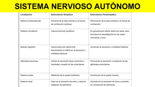 Sistema Nervioso Autónomo
Localización Estimulación Simpática Estimulación Parasimpática
Sistema Cardiovascular Aumento de la tasa cardíaca y la fuerza
de contracción cardíaca
Disminución de la tasa cardíaca y la fuerza de
contracción
Sistema circulatorio Vasoconstricción periférica En general poco efecto sobre los vasos, pero
favorecen la vasodilatación en los vasos
coronarios y cava
Aparato digestivo Vasoconstricción abdominal,
favoreciendo un déficit en la secreción y
motilidad intestinal
Aumentan la secreción y motilidad intestinal
Glándulas exocrinas Inhiben la secreción hacia conductos o
cavidades, excepto en las sudoríparas.
Promueven la secreción a excepción de las
glándulas sudoríparas.
Sistema ocular Dilatación de la pupila (midriasis). Contracción de la pupila (miosis).
Sistema renal Cese en la secreción de orina, y cese en
relajación de esfínteres.
Aumento en la secreción de orina y aumento
en contracción de esfínteres.
SISTEMA NERVIOSO AUTÓNOMO
 