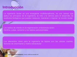 La ingeniería tisular es una emergente multidisciplinaria, es una campo que
aplica los principios de la ingeniería, la vida y la ciencia para el desarrollo de
sustitutos biológicos que pueden restaurar, mantener o mejorar la función tisular
Los tejidos de interés en la regeneración endodoncia serán:
Dentina, pulpa, cemento y los tejidos periododntales
Los elementos clave para la ingeniería de tejidos son las células madres,
factores de crecimiento y matriz extracelular
Saber Sel-D. Tissue engineering in endodontics. J Oral Sci. 2009 Dec;51(4):495-507.
 