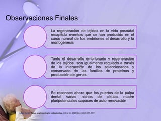 Observaciones Finales
La regeneración de tejidos en la vida posnatal
recapitula eventos que se han producido en el
curso normal de los embriones el desarrollo y la
morfogénesis
Tanto el desarrollo embrionario y regeneración
de los tejidos son igualmente regulado a través
de la interacción de los seleccionados y
conservado de las familias de proteínas y
producción de genes
Se reconoce ahora que los puertos de la pulpa
dental varias nichos de células madre
pluripotenciales capaces de auto-renovación
Saber Sel-D. Tissue engineering in endodontics. J Oral Sci. 2009 Dec;51(4):495-507.
 