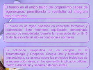 El hueso es el único tejido del organismo capaz de
regenerarse, permitiendo la restitutio ad integrum
tras el trauma.
El hueso es un tejido dinámico en constante formación y
reabsorción. Este fenómeno equilibrado, denominado
proceso de remodelado, permite la renovación de un 5-15
% del hueso total al año en condiciones normales
La actuación terapéutica en los campos de la
Traumatología y Ortopedia, Cirugía Oral y Maxilofacial e
Implantología, se asienta sobre los principios biológicos de
la regeneración ósea, en los que están implicados células,
matriz extracelular y señales osteoinductivas.
 