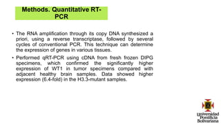Methods. Quantitative RT-
PCR
• The RNA amplification through its copy DNA synthesized a
priori, using a reverse transcriptase, followed by several
cycles of conventional PCR. This technique can determine
the expression of genes in various tissues.
• Performed qRT-PCR using cDNA from fresh frozen DIPG
specimens, which confirmed the significantly higher
expression of WT1 in tumor specimens compared with
adjacent healthy brain samples. Data showed higher
expression (6.4-fold) in the H3.3-mutant samples.
 