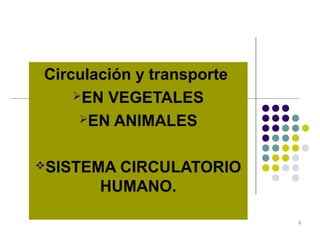 Circulación y transporte
    EN VEGETALES

     EN ANIMALES



SISTEMA CIRCULATORIO
       HUMANO.

                           1
 