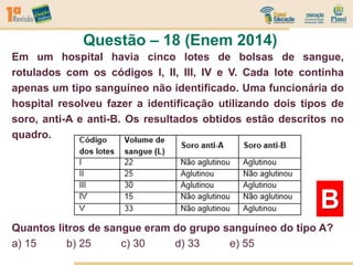 Questão – 18 (Enem 2014)
B
Em um hospital havia cinco lotes de bolsas de sangue,
rotulados com os códigos l, II, III, IV e V. Cada lote continha
apenas um tipo sanguíneo não identificado. Uma funcionária do
hospital resolveu fazer a identificação utilizando dois tipos de
soro, anti-A e anti-B. Os resultados obtidos estão descritos no
quadro.
Quantos litros de sangue eram do grupo sanguíneo do tipo A?
a) 15 b) 25 c) 30 d) 33 e) 55
 