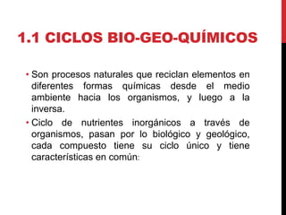 1.1 CICLOS BIO-GEO-QUÍMICOS
• Son procesos naturales que reciclan elementos en
diferentes formas químicas desde el medio
ambiente hacia los organismos, y luego a la
inversa.
• Ciclo de nutrientes inorgánicos a través de
organismos, pasan por lo biológico y geológico,
cada compuesto tiene su ciclo único y tiene
características en común:
 