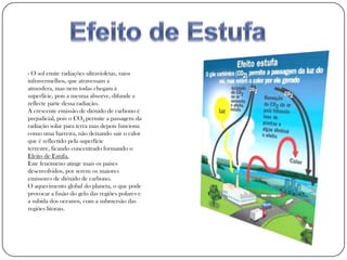 - O sol emite radiações ultravioletas, raios
infravermelhos, que atravessam a
atmosfera, mas nem todas chegam à
superfície, pois a mesma absorve, difunde e
reflecte parte dessa radiação.
A crescente emissão de dióxido de carbono é
prejudicial, pois o CO2 permite a passagem da
radiação solar para terra mas depois funciona
como uma barreira, não deixando sair o calor
que é reflectido pela superfície
terrestre, ficando concentrado formando o
Efeito de Estufa.
Este fenómeno atinge mais os países
desenvolvidos, por serem os maiores
emissores de dióxido de carbono.
O aquecimento global do planeta, o que pode
provocar a fusão do gelo das regiões polares e
a subida dos oceanos, com a submersão das
regiões litorais.
 