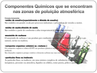 Principais Componentes
-oxidos de enxofre:(especialmente o dióxido de enxofre)
São emitidos em grande escala por processos industriais e pelo tráfego de veiculos a motor.

-óxidos de azoto:dióxido de azoto
São emitidos a partir de combustão a altas temperaturas, e do sector rodoviário.

-monóxido de carbono
O monóxido de carbono é um produto por combustão incompleta de combustíveis como o gás
natural, carvão ou madeira.

-compostos organicos volateis( ex : metano )
Os compostos orgânicos voláteis (COV) são produtos químicos orgânicos que facilmente evaporam à temperatura
ambiente.
São chamados orgânicos porque contêm o elemento carbono nas suas estruturas moleculares.

-particulas finas ou inalaveis:
As partículas finas, ou inaláveis, são uma mistura complexa de substâncias orgânicas e
inorgânicas, presentes na atmosfera, líquidos ou sólidos, como poeira, pólen e partículas do solo
 