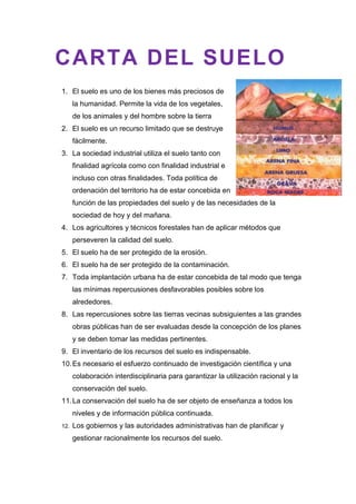 1. El suelo es uno de los bienes más preciosos de
la humanidad. Permite la vida de los vegetales,
de los animales y del hombre sobre la tierra
2. El suelo es un recurso limitado que se destruye
fácilmente.
3. La sociedad industrial utiliza el suelo tanto con
finalidad agrícola como con finalidad industrial e
incluso con otras finalidades. Toda política de
ordenación del territorio ha de estar concebida en
función de las propiedades del suelo y de las necesidades de la
sociedad de hoy y del mañana.
4. Los agricultores y técnicos forestales han de aplicar métodos que
perseveren la calidad del suelo.
5. El suelo ha de ser protegido de la erosión.
6. El suelo ha de ser protegido de la contaminación.
7. Toda implantación urbana ha de estar concebida de tal modo que tenga
las mínimas repercusiones desfavorables posibles sobre los
alrededores.
8. Las repercusiones sobre las tierras vecinas subsiguientes a las grandes
obras públicas han de ser evaluadas desde la concepción de los planes
y se deben tomar las medidas pertinentes.
9. El inventario de los recursos del suelo es indispensable.
10.Es necesario el esfuerzo continuado de investigación científica y una
colaboración interdisciplinaria para garantizar la utilización racional y la
conservación del suelo.
11.La conservación del suelo ha de ser objeto de enseñanza a todos los
niveles y de información pública continuada.
12. Los gobiernos y las autoridades administrativas han de planificar y
gestionar racionalmente los recursos del suelo.
CARTA DEL SUELO
 