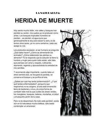 LA NATURALEZA:
Hoy siento mucho dolor, mis valles y bosques han
perdido su verdor, mis suelos ya no producen como
antes. Los bosques tropicales húmedos se
pierden…se pierden; el agua pura que
generosamente te doy para saciar tu sed y la de
tantos otros seres, ya no corre cantarina, cada vez
apaga su voz.
Los productos escasean, el ser humano se pregunta
¿Qué debo hacer? ¿Cómo se alimentarán los
animales? ¿Cómo elaborarán las plantas su
alimento? Yo te respondo que la solución la tiene tú
hombre y mujer para quien todo existe, sólo falta
que pienses con amor y respeto, cultivando,
abonando, regando y aprovechando la variedad de
mis semillas.
T recomiendo algo importante, cuando tales un
árbol siembra dos, se recupera lo perdido, se
conserva el bosque y se purifica el aire.
¿Sabes por qué hay tanta contaminación?. ¿Y por
qué tantas enfermedades?, porque lo que
respiramos no es oxígeno, el aire está enrarecido
lleno de bacterias y virus y la única forma de
combatir este mal es que cuides las áreas verdes,
los manglares, bosques, laderas, montañas, el árbol
y el pequeño jardín de tu casa.
Pero no te desanimes!¡ No todo está perdido!, existe
aún en la naturaleza mucha belleza, sólo basta
contemplar un amanecer.
HERIDA DE MUERTE
 