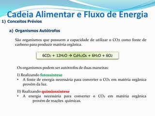 1) Conceitos Prévios
a) Organismos Autótrofos
São organismos que possuem a capacidade de utilizar o CO2 como fonte de
carbono para produzir matéria orgânica.
Os organismos podem ser autótrofos de duas maneiras:
I) Realizando fotossíntese
• A fonte de energia necessária para converter o CO2 em matéria orgânica
provém da luz.
II) Realizando quimiossíntese
• A energia necessária para converter o CO2 em matéria orgânica
provém de reações químicas.
Cadeia Alimentar e Fluxo de Energia
6CO2 + 12H2O  C6H12O6 + 6H2O + 6O2
 