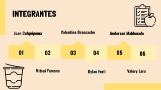 INTEGRANTES
Juan Culquipoma
01 02 0403
Valentina Brancacho
Mitsui Yamano Dylan Feril
Anderson Maldonado
05 06
Valery Lara
 