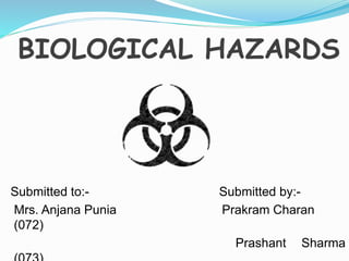 BIOLOGICAL HAZARDS 
Submitted to:- Submitted by:- 
Mrs. Anjana Punia Prakram Charan 
(072) 
Prashant Sharma 
(073) 
 