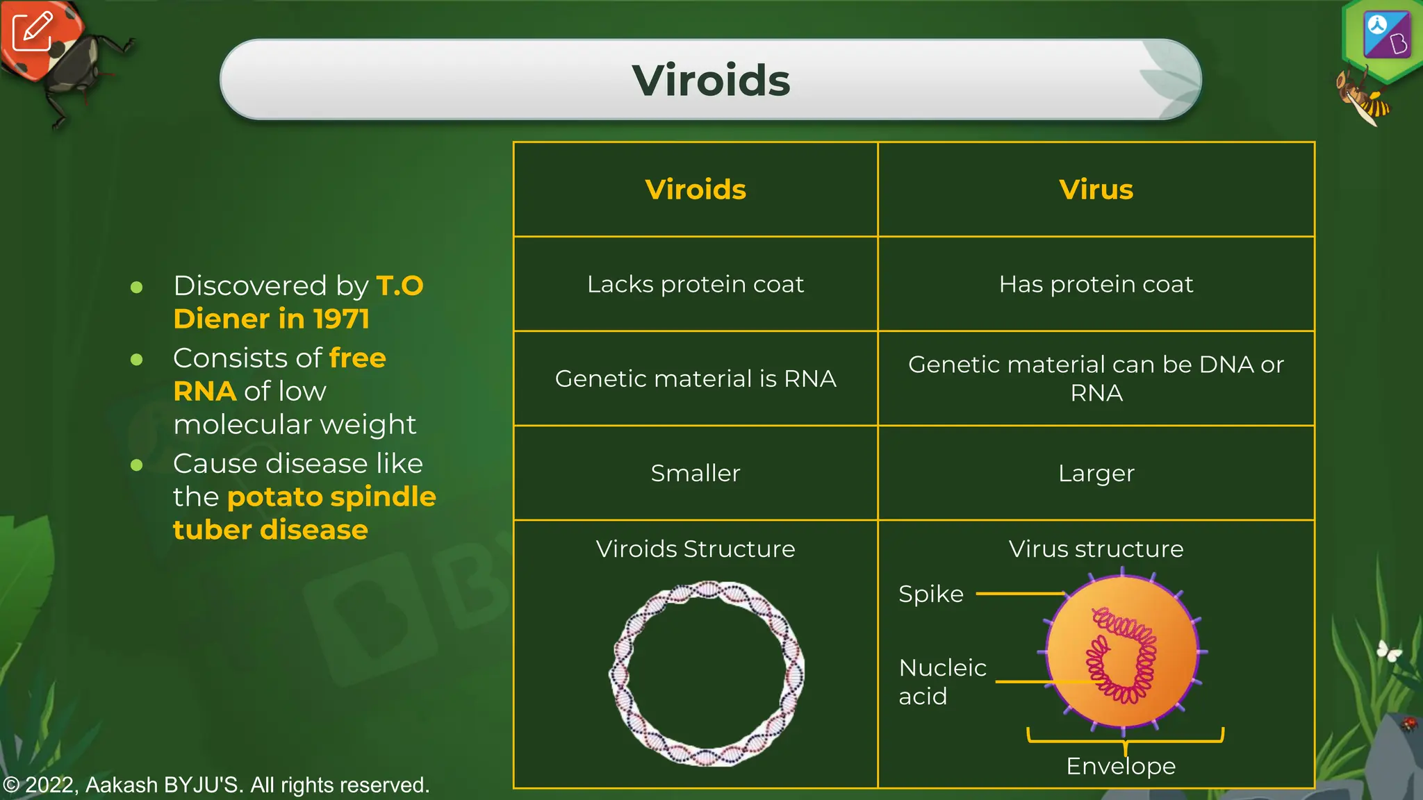 © 2022, Aakash BYJU'S. All rights reserved.
Viroids
● Discovered by T.O
Diener in 1971
● Consists of free
RNA of low
molecular weight
● Cause disease like
the potato spindle
tuber disease
Viroids Virus
Lacks protein coat Has protein coat
Genetic material is RNA
Genetic material can be DNA or
RNA
Smaller Larger
Viroids Structure Virus structure
Spike
Nucleic
acid
Envelope
 