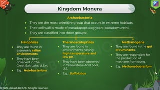 © 2022, Aakash BYJU'S. All rights reserved.
Kingdom Monera
Archaebacteria
● They are the most primitive group that occurs in extreme habitats.
● Their cell wall is made of pseudopeptidoglycan (pseudomurein).
● They are classified into three groups:
Halophiles Thermoacidophiles Methanogens
● They are found in
extremely saline
environments.
● They have been
observed in The
Great Salt Lake, U.S.A.
● E.g. : Halobacterium
● They are found in
environments having
high temperature and
low pH.
● They have been observed
in Yellowstone Acid pool,
U.S.
● E.g. : Sulfolobus
● They are found in the gut
of ruminants.
● They are responsible for
the production of
methane from dung.
● E.g.: Methanobacterium
 