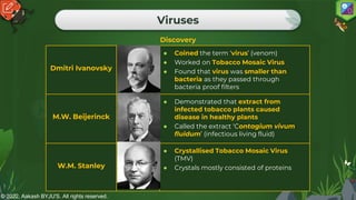 © 2022, Aakash BYJU'S. All rights reserved.
Viruses
Discovery
Dmitri Ivanovsky
● Coined the term ‘virus’ (venom)
● Worked on Tobacco Mosaic Virus
● Found that virus was smaller than
bacteria as they passed through
bacteria proof filters
M.W. Beijerinck
● Demonstrated that extract from
infected tobacco plants caused
disease in healthy plants
● Called the extract ‘Contagium vivum
fluidum’ (infectious living fluid)
W.M. Stanley
● Crystallised Tobacco Mosaic Virus
(TMV)
● Crystals mostly consisted of proteins
 