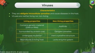 © 2022, Aakash BYJU'S. All rights reserved.
Viruses
Characteristics
● They are obligate intracellular parasites and cause diseases in the host.
● Viruses are neither living nor non-living.
Living properties Non-living properties
Contains genetic material
(DNA or RNA)
Acellular
Surrounded by protein coat Obligate parasites
Undergoes mutation Inert crystalline structure
Reproduces in living host Lacks enzyme system
 