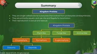 © 2022, Aakash BYJU'S. All rights reserved.
Summary
Kingdom Protista
● They are single-celled/colonial eukaryotes that evolved from prokaryotes (endosymbiosis).
● They are primarily aquatic and use cilia and flagella for locomotion.
● Their reproduction is sexual and asexual.
Kingdom Protista
Plant like Fungi like Animal like
Chrysophyta Pyrrophyta Euglenophyta
Diatoms Desmids
 