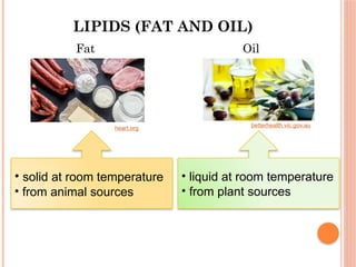 LIPIDS (FAT AND OIL)
heart.org
• solid at room temperature
• from animal sources
Fat
betterhealth.vic.gov.au
• liquid at room temperature
• from plant sources
Oil
 