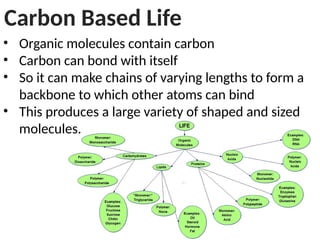Carbon Based Life
• Organic molecules contain carbon
• Carbon can bond with itself
• So it can make chains of varying lengths to form a
backbone to which other atoms can bind
• This produces a large variety of shaped and sized
molecules.
 
