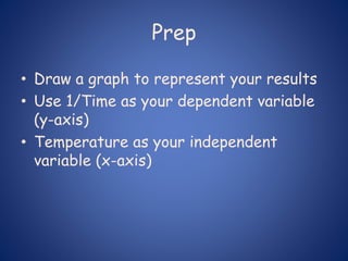 Prep
• Draw a graph to represent your results
• Use 1/Time as your dependent variable
(y-axis)
• Temperature as your independent
variable (x-axis)
 