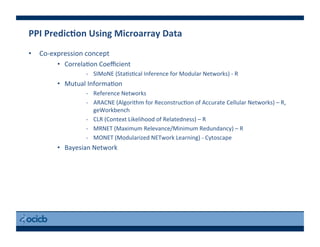 PPI	
  PredicEon	
  Using	
  Microarray	
  Data	
  
•  Co-­‐expression	
  concept	
  
•  Correla)on	
  Coeﬃcient	
  
-­‐  SIMoNE	
  (Sta)s)cal	
  Inference	
  for	
  Modular	
  Networks)	
  -­‐	
  R	
  
•  Mutual	
  Informa)on	
  
-­‐  Reference	
  Networks	
  
-­‐  ARACNE	
  (Algorithm	
  for	
  Reconstruc)on	
  of	
  Accurate	
  Cellular	
  Networks)	
  –	
  R,	
  
geWorkbench	
  
-­‐  CLR	
  (Context	
  Likelihood	
  of	
  Relatedness)	
  –	
  R	
  
-­‐  MRNET	
  (Maximum	
  Relevance/Minimum	
  Redundancy)	
  –	
  R	
  
-­‐  MONET	
  (Modularized	
  NETwork	
  Learning)	
  -­‐	
  Cytoscape	
  
•  Bayesian	
  Network	
  
 
