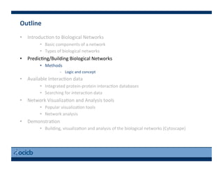 Outline	
  
•  Introduc)on	
  to	
  Biological	
  Networks	
  
•  Basic	
  components	
  of	
  a	
  network	
  
•  Types	
  of	
  biological	
  networks	
  
•  Predic)ng/Building	
  Biological	
  Networks	
  
•  Methods	
  
-­‐  Logic	
  and	
  concept	
  
•  Available	
  Interac)on	
  data	
  
•  Integrated	
  protein-­‐protein	
  interac)on	
  databases	
  
•  Searching	
  for	
  interac)on	
  data	
  
•  Network	
  Visualiza)on	
  and	
  Analysis	
  tools	
  
•  Popular	
  visualiza)on	
  tools	
  
•  Network	
  analysis	
  
•  Demonstra)on	
  
•  Building,	
  visualiza)on	
  and	
  analysis	
  of	
  the	
  biological	
  networks	
  (Cytoscape)	
  
 