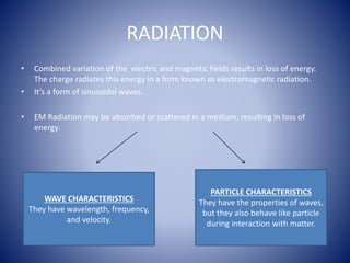 RADIATION
• Combined variation of the electric and magnetic fields results in loss of energy.
The charge radiates this energy in a form known as electromagnetic radiation.
• It’s a form of sinusoidal waves.
• EM Radiation may be absorbed or scattered in a medium, resulting in loss of
energy.
WAVE CHARACTERISTICS
They have wavelength, frequency,
and velocity.
PARTICLE CHARACTERISTICS
They have the properties of waves,
but they also behave like particle
during interaction with matter.
 