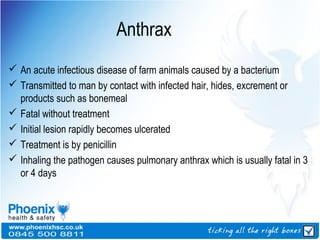 Anthrax
 An acute infectious disease of farm animals caused by a bacterium
 Transmitted to man by contact with infected hair, hides, excrement or
products such as bonemeal
 Fatal without treatment
 Initial lesion rapidly becomes ulcerated
 Treatment is by penicillin
 Inhaling the pathogen causes pulmonary anthrax which is usually fatal in 3
or 4 days
 