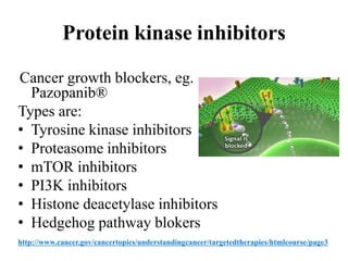 Protein kinase inhibitors
Cancer growth blockers, eg.
Pazopanib®
Types are:
• Tyrosine kinase inhibitors
• Proteasome inhibitors
• mTOR inhibitors
• PI3K inhibitors
• Histone deacetylase inhibitors
• Hedgehog pathway blokers
http://www.cancer.gov/cancertopics/understandingcancer/targetedtherapies/htmlcourse/page3
 