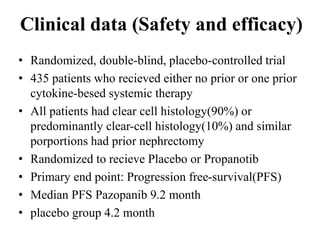 Clinical data (Safety and efficacy)
• Randomized, double-blind, placebo-controlled trial
• 435 patients who recieved either no prior or one prior
cytokine-besed systemic therapy
• All patients had clear cell histology(90%) or
predominantly clear-cell histology(10%) and similar
porportions had prior nephrectomy
• Randomized to recieve Placebo or Propanotib
• Primary end point: Progression free-survival(PFS)
• Median PFS Pazopanib 9.2 month
• placebo group 4.2 month
 