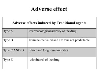 Adverse effects induced by Traditional agents
Type A Pharmacological activity of the drug
Type B Immune-mediated and are thus not predictable
Type C AND D Short and long term toxicities
Type E withdrawal of the drug
Adverse effect
 