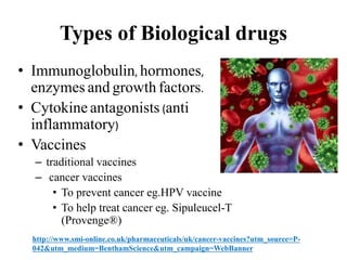 • Immunoglobulin, hormones,
enzymes and growth factors.
• Cytokine antagonists (anti
inflammatory)
• Vaccines
– traditional vaccines
– cancer vaccines
• To prevent cancer eg.HPV vaccine
• To help treat cancer eg. Sipuleucel-T
(Provenge®)
http://www.smi-online.co.uk/pharmaceuticals/uk/cancer-vaccines?utm_source=P-
042&utm_medium=BenthamScience&utm_campaign=WebBanner
Types of Biological drugs
 