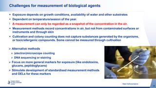 14
https://osha.europa.eu
Challenges for measurement of biological agents
 Exposure depends on growth conditions, availab...