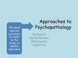 Approaches to
The term           Psychopathology
 used by
psychologists     Biological
 to refer       Psychodynamic
  to the
                 Behavioural
study of
  mental           Cognitive
disorders
 