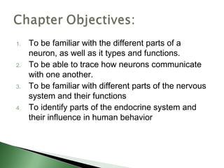 1.   To be familiar with the different parts of a
     neuron, as well as it types and functions.
2.   To be able to trace how neurons communicate
     with one another.
3.   To be familiar with different parts of the nervous
     system and their functions
4.   To identify parts of the endocrine system and
     their influence in human behavior
 
