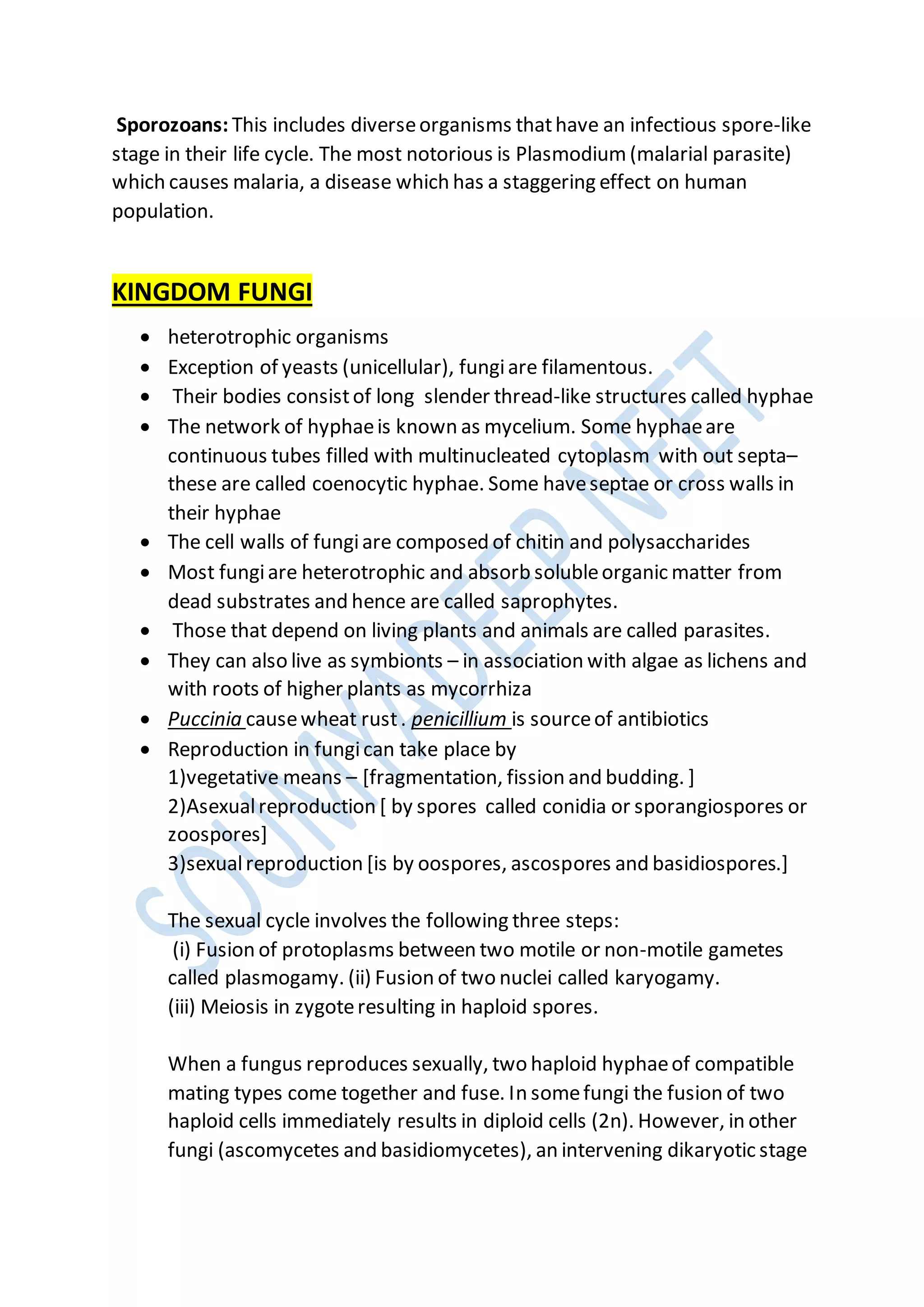 Sporozoans: This includes diverseorganisms thathave an infectious spore-like
stage in their life cycle. The most notorious is Plasmodium (malarial parasite)
which causes malaria, a disease which has a staggering effect on human
population.
KINGDOM FUNGI
 heterotrophic organisms
 Exception of yeasts (unicellular), fungiare filamentous.
 Their bodies consistof long slender thread-like structures called hyphae
 The network of hyphaeis known as mycelium. Some hyphaeare
continuous tubes filled with multinucleated cytoplasm with out septa–
these are called coenocytic hyphae. Some haveseptae or cross walls in
their hyphae
 The cell walls of fungiare composed of chitin and polysaccharides
 Most fungiare heterotrophic and absorb solubleorganic matter from
dead substrates and hence are called saprophytes.
 Those that depend on living plants and animals are called parasites.
 They can also live as symbionts – in association with algae as lichens and
with roots of higher plants as mycorrhiza
 Puccinia causewheat rust. penicillium is sourceof antibiotics
 Reproduction in fungican take place by
1)vegetative means – [fragmentation, fission and budding. ]
2)Asexualreproduction [ by spores called conidia or sporangiospores or
zoospores]
3)sexualreproduction [is by oospores, ascospores and basidiospores.]
The sexual cycle involves the following three steps:
(i) Fusion of protoplasms between two motile or non-motile gametes
called plasmogamy. (ii) Fusion of two nuclei called karyogamy.
(iii) Meiosis in zygoteresulting in haploid spores.
When a fungus reproduces sexually, two haploid hyphaeof compatible
mating types come together and fuse. In somefungi the fusion of two
haploid cells immediately results in diploid cells (2n). However, in other
fungi (ascomycetes and basidiomycetes), an intervening dikaryotic stage
 