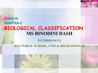 CLASS-XI
CHAPTER-2
BIOLOGICAL CLASSIFICATION
MS BINODINI DASH
PGT(BIOLOGY)
DAV PUBLIC SCHOOL, UNIT-8, BHUBANESWAR
BINODINI DASH
 