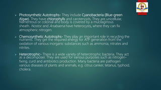  Photosynthetic Autotrophs- They include Cyanobacteria (Blue-green
Algae). They have chlorophylls and carotenoids. They are unicellular,
filamentous or colonial and body is covered by a mucilaginous
sheath. Nostoc and Anabaena have heterocysts, where they can fix
atmospheric nitrogen.
 Chemosynthetic Autotrophs- They play an important role in recycling the
nutrients. They get the required energy for ATP generation from the
oxidation of various inorganic substances such as ammonia, nitrates and
nitrites.
 Heterotrophic- There is a wide variety of heterotrophic bacteria. They act
as a decomposer. They are used for various purposes such as nitrogen-
fixing, curd and antibiotics production. Many bacteria are pathogen
various diseases of plants and animals, e.g. citrus canker, tetanus, typhoid,
cholera.
 