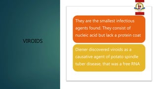 VIROIDS
They are the smallest infectious
agents found. They consist of
nucleic acid but lack a protein coat
Diener discovered viroids as a
causative agent of potato spindle
tuber disease, that was a free RNA
 