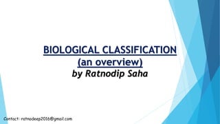 BIOLOGICAL CLASSIFICATION
(an overview)
by Ratnodip Saha
Contact: ratnodeep2016@gmail.com
 