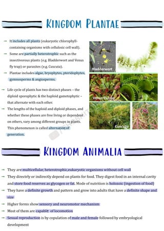 It includes all plants (eukaryotic chlorophyll-
containing organisms with cellulosic cell wall).
Some are partially heterotrophic such as the
insectivorous plants (e.g. Bladderwort and Venus
fly trap) or parasites (e.g. Cuscuta).
Plantae includes algae, bryophytes, pteridophytes,
gymnosperms & angiosperms.
Life cycle of plants has two distinct phases – the
diploid sporophytic & the haploid gametophytic –
that alternate with each other.
The lengths of the haploid and diploid phases, and
whether these phases are free living or dependent
on others, vary among different groups in plants.
This phenomenon is called alternation of
generation.
They are multicellular, heterotrophic,eukaryotic organisms without cell wall
They directrly or indirectly depend on plants for food. They digest food in an internal cavity
and store food reserves as glycogen or fat. Mode of nutrition is holozoic {ingestion of food}
They have a definite growth and pattern and grow into adults that have a definite shape and
size
Higher forms show sensory and neuromotor mechanism
Most of them are capablkeof locomotion
Sexual reproduction is by copulation of male and female followed by embryological
development
 