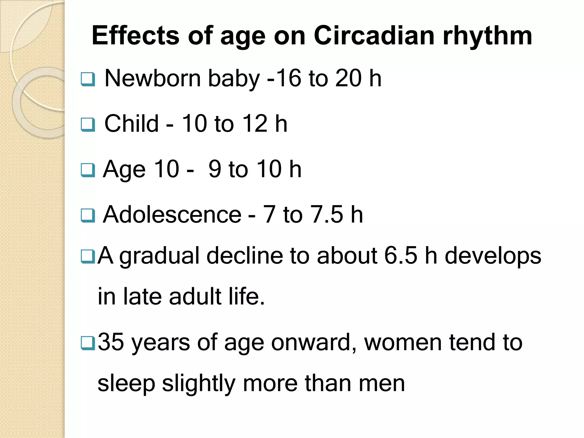 Effects of age on Circadian rhythm
 Newborn baby -16 to 20 h
 Child - 10 to 12 h
 Age 10 - 9 to 10 h
 Adolescence - 7 to 7.5 h
A gradual decline to about 6.5 h develops
in late adult life.
35 years of age onward, women tend to
sleep slightly more than men
 