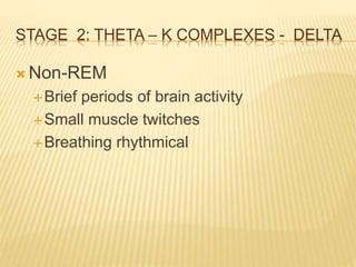 STAGE 2: THETA – K COMPLEXES - DELTA 
Non-REM 
Brief periods of brain activity 
Small muscle twitches 
Breathing rhyth...