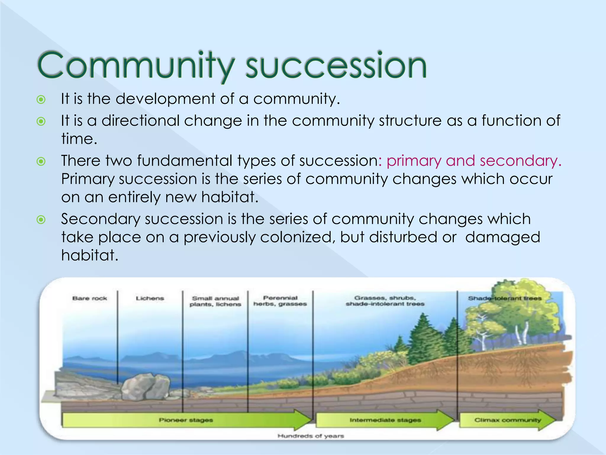 It is the development of a community.
 It is a directional change in the community structure as a function of
time.
 There two fundamental types of succession: primary and secondary.
Primary succession is the series of community changes which occur
on an entirely new habitat.
 Secondary succession is the series of community changes which
take place on a previously colonized, but disturbed or damaged
habitat.


 