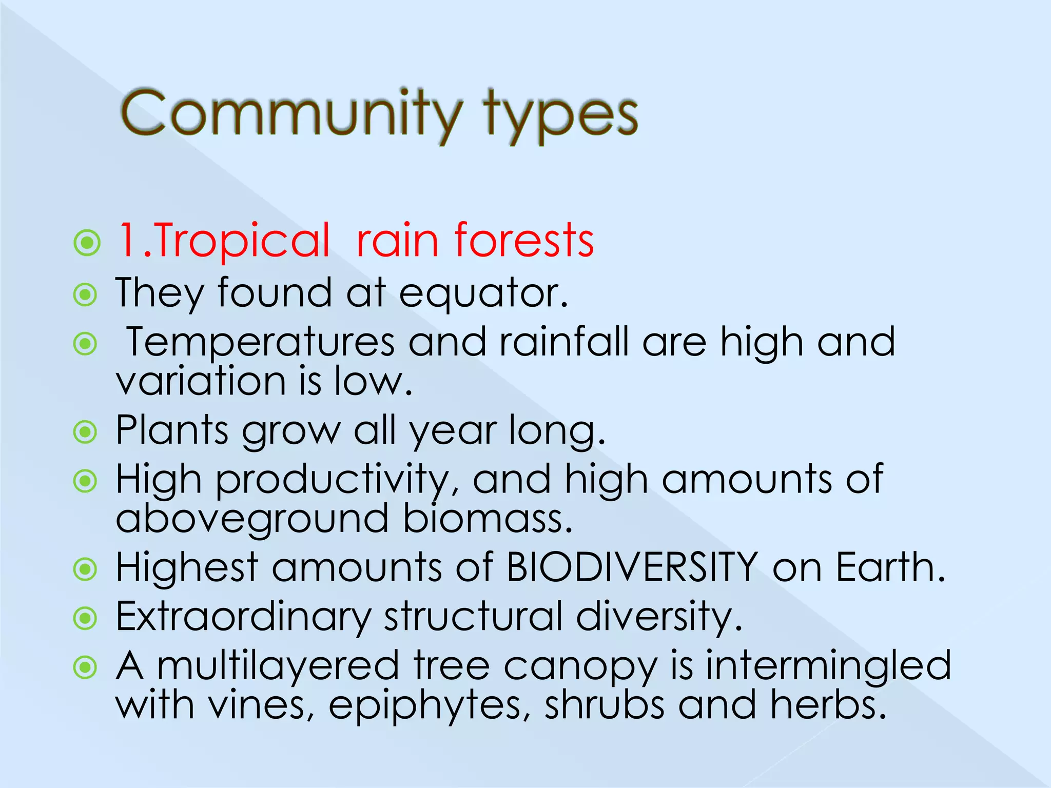  1.Tropical









rain forests

They found at equator.
Temperatures and rainfall are high and
variation is low.
Plants grow all year long.
High productivity, and high amounts of
aboveground biomass.
Highest amounts of BIODIVERSITY on Earth.
Extraordinary structural diversity.
A multilayered tree canopy is intermingled
with vines, epiphytes, shrubs and herbs.

 