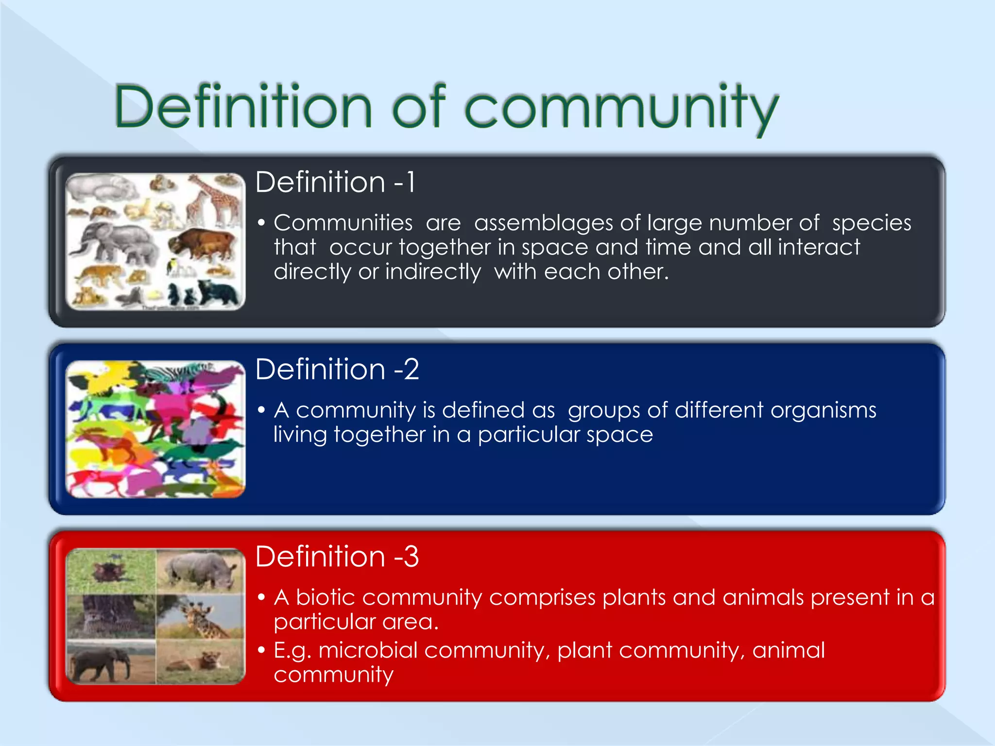 Definition -1
• Communities are assemblages of large number of species
that occur together in space and time and all interact
directly or indirectly with each other.

Definition -2
• A community is defined as groups of different organisms
living together in a particular space

Definition -3
• A biotic community comprises plants and animals present in a
particular area.
• E.g. microbial community, plant community, animal
community

 