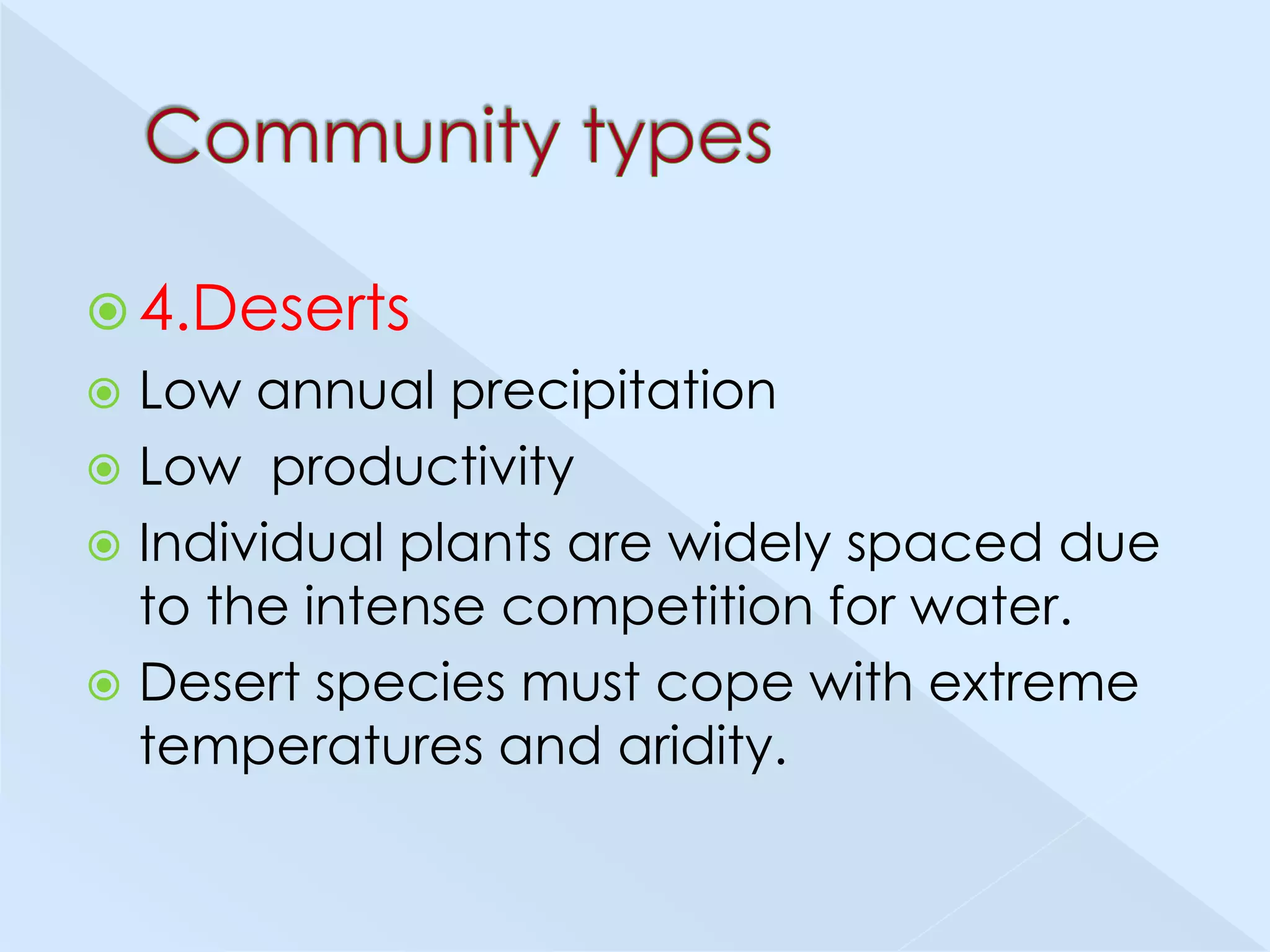  4.Deserts

Low annual precipitation
 Low productivity
 Individual plants are widely spaced due
to the intense competition for water.
 Desert species must cope with extreme
temperatures and aridity.


 