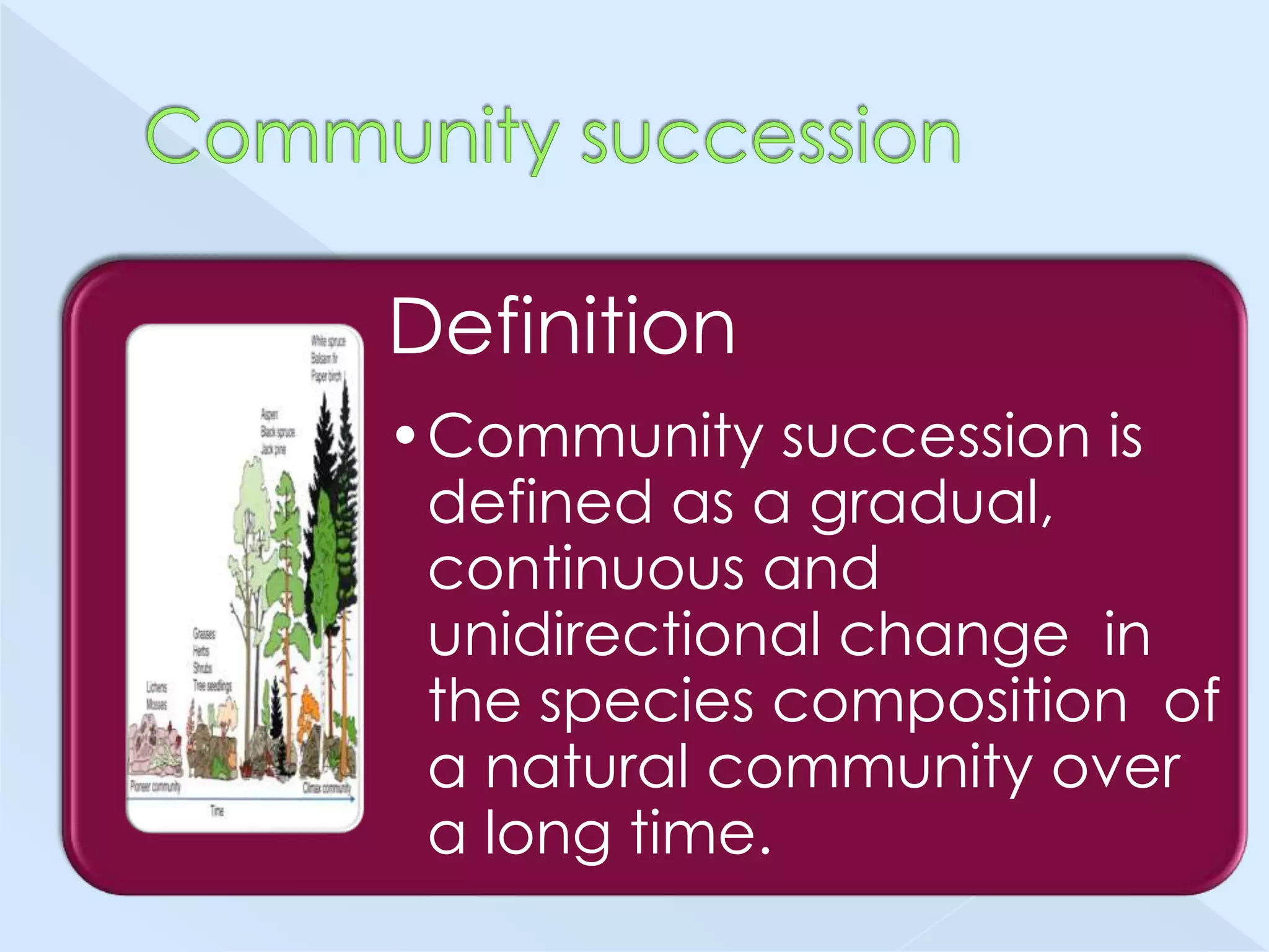 Definition
•Community succession is
defined as a gradual,
continuous and
unidirectional change in
the species composition of
a natural community over
a long time.

 