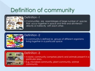 Definition -1
• Communities are assemblages of large number of species
that occur together in space and time and all interact
directly or indirectly with each other.

Definition -2
• A community is defined as groups of different organisms
living together in a particular space

Definition -3
• A biotic community comprises plants and animals present in a
particular area.
• E.g. microbial community, plant community, animal
community

 